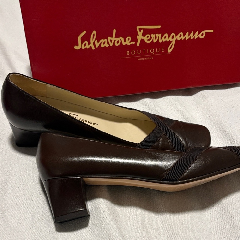 Salvatore Ferragamo Brown Leather Block Heel Pumps